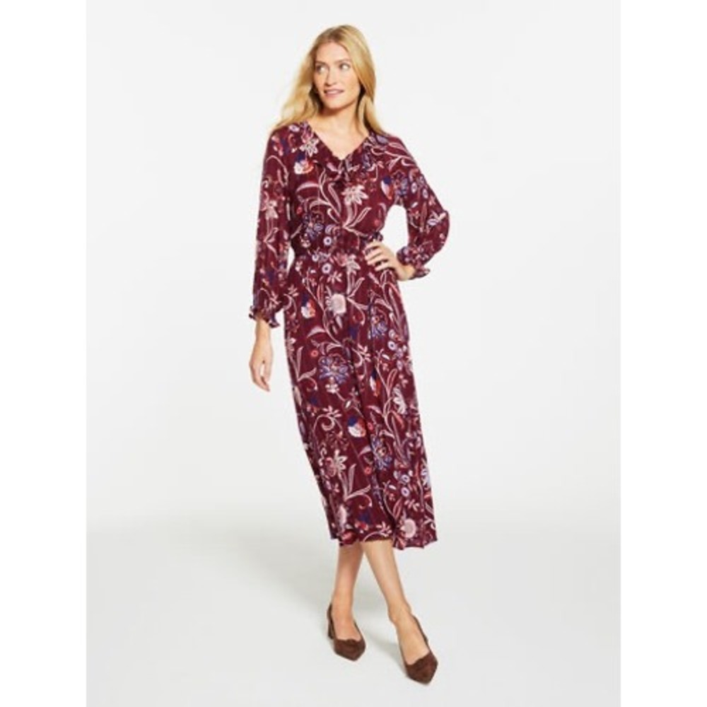 Talbots NWT Floral Metallic Shimmer Ruffle Midi Dress Burgundy Maroon Size XL